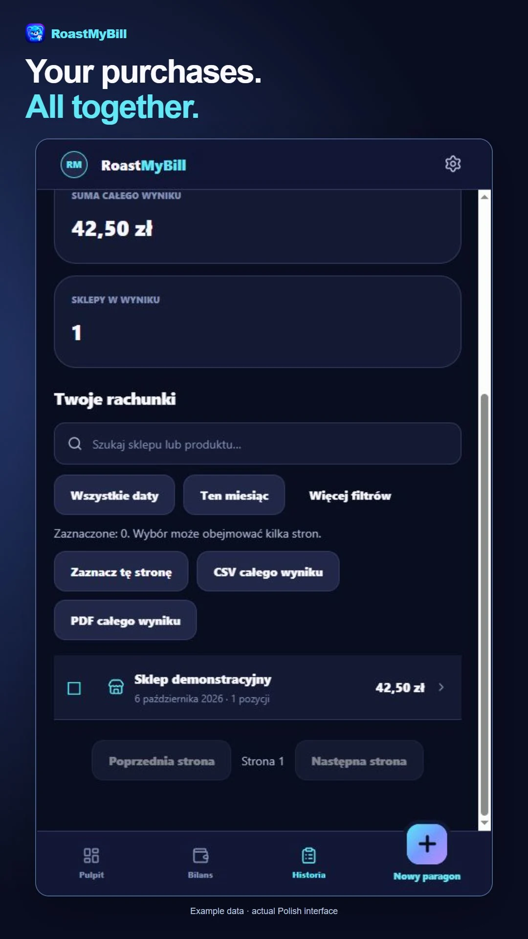 Example receipt history with search and purchase filters.