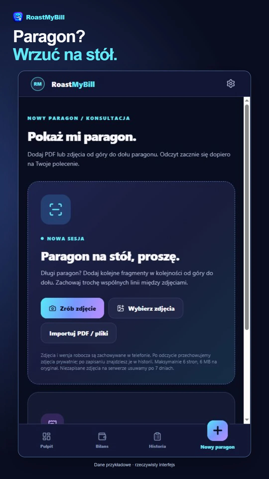 Ekran dodawania paragonu ze zdjęć, PDF lub ręcznie.