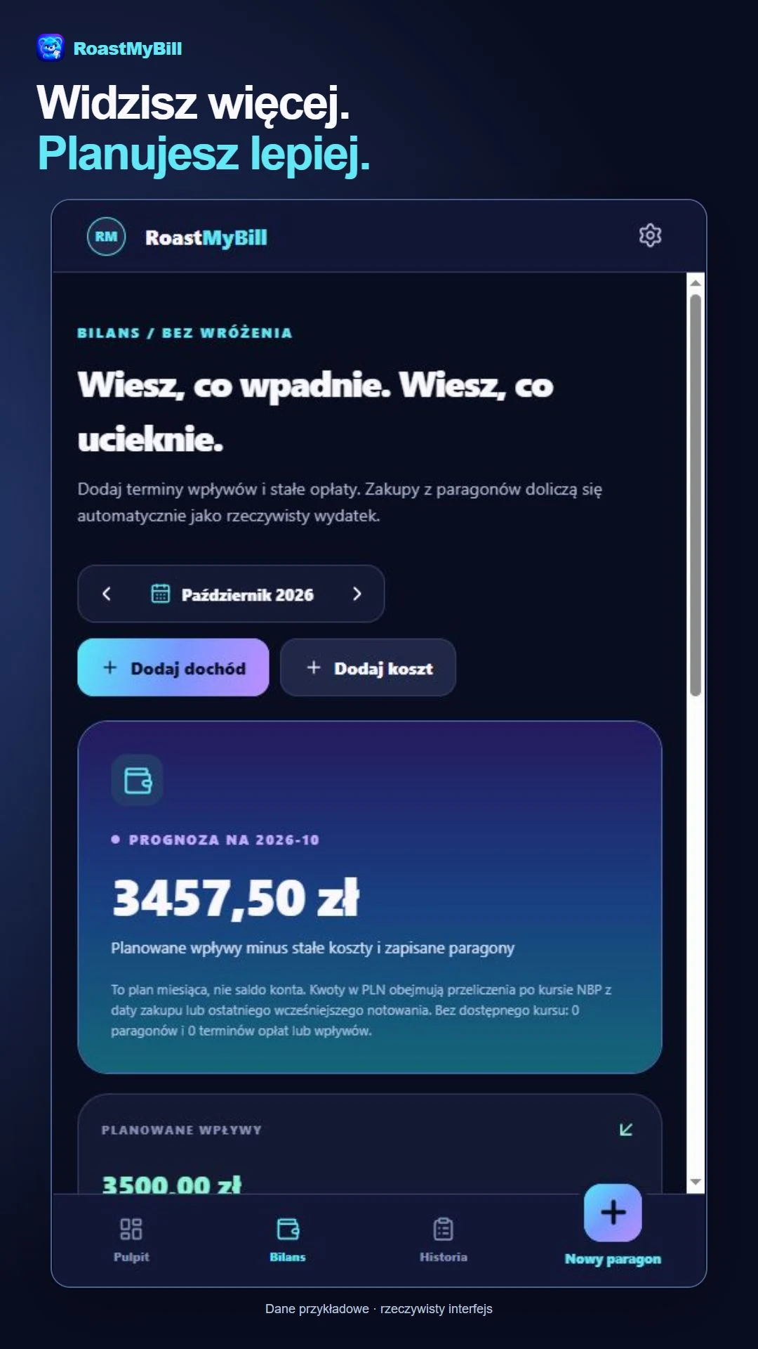 Miesięczny bilans przykładowych przychodów, kosztów i paragonów.